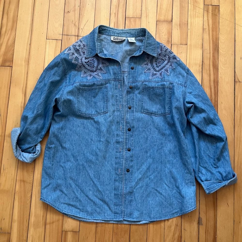 Vtg Galliano 2000s Denim Shirt Womens Long Sleeve Lace Blue Jean Button Up Large